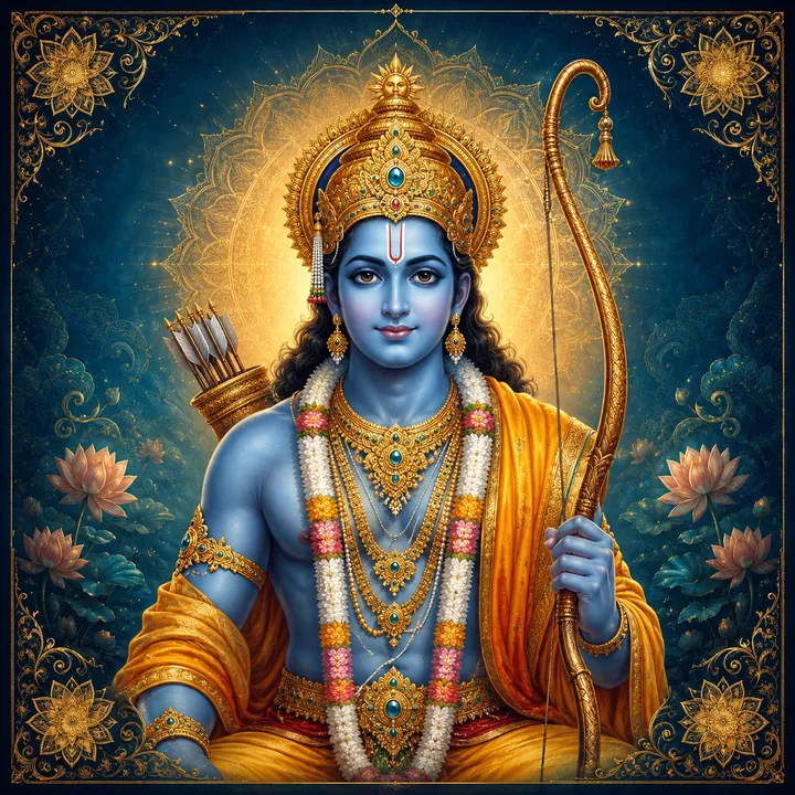 Traditional devotional depiction of Ram, holding his bow, the Kodanda