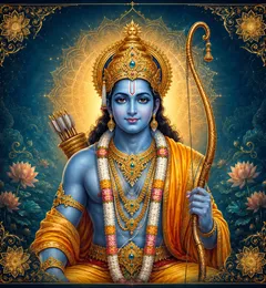 Traditional devotional depiction of Ram, holding his bow, the Kodanda