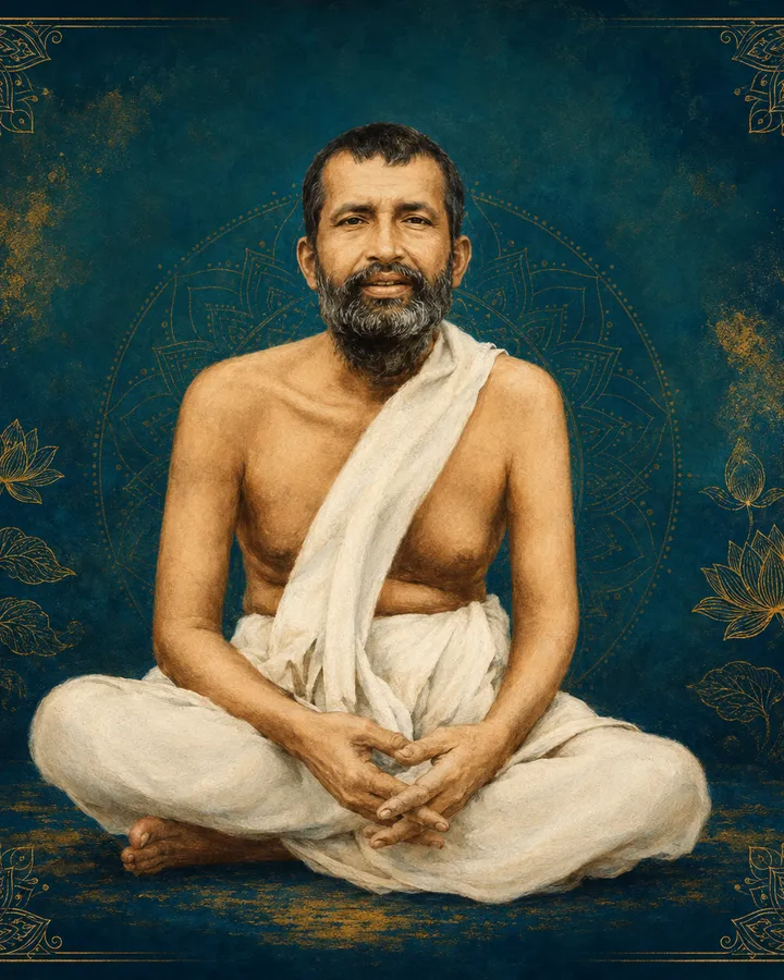 Devotional portrait of Ramakrishna seated cross-legged in a plain white dhoti and shawl, grey-streaked beard, hands folded in his lap, against a deep teal background bordered with gold lotus and mandala motifs