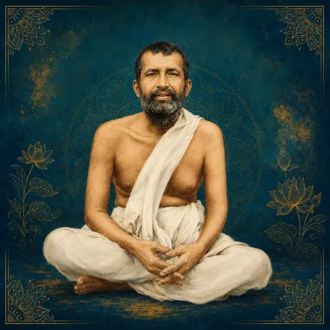 Devotional portrait of Ramakrishna seated cross-legged in a plain white dhoti and shawl, grey-streaked beard, hands folded in his lap, against a deep teal background bordered with gold lotus and mandala motifs