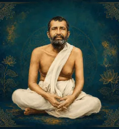 Devotional portrait of Ramakrishna seated cross-legged in a plain white dhoti and shawl, grey-streaked beard, hands folded in his lap, against a deep teal background bordered with gold lotus and mandala motifs
