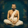 Devotional portrait of Ramakrishna seated cross-legged in a plain white dhoti and shawl, grey-streaked beard, hands folded in his lap, against a deep teal background bordered with gold lotus and mandala motifs