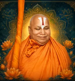 Traditional devotional depiction of Jagadguru Rambhadracharya, eyes closed, with a shaved head marked with Ramanandi tilak, wrapped in saffron robes beside a ceremonial staff, set against a golden mandala halo
