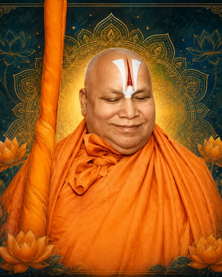 Traditional devotional depiction of Jagadguru Rambhadracharya, eyes closed, with a shaved head marked with Ramanandi tilak, wrapped in saffron robes beside a ceremonial staff, set against a golden mandala halo