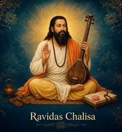 Devotional illustration accompanying Ravidas Chalisa, framed by a gold mandala halo and ornamental corner border on a deep blue background