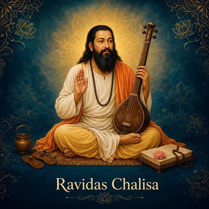 Devotional illustration accompanying Ravidas Chalisa, framed by a gold mandala halo and ornamental corner border on a deep blue background