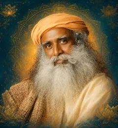 Traditional devotional depiction of Sadhguru in a saffron turban and shawl, with a long grey beard and moustache, set against a golden mandala halo and teal filigree background
