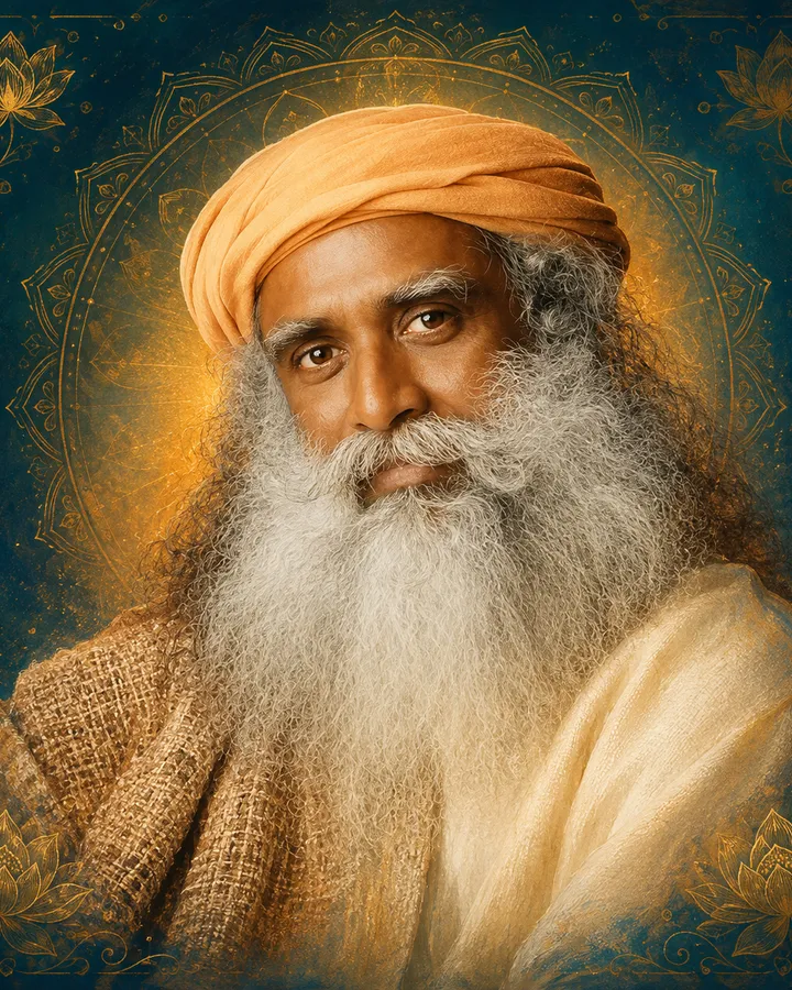 Traditional devotional depiction of Sadhguru in a saffron turban and shawl, with a long grey beard and moustache, set against a golden mandala halo and teal filigree background