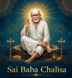 Devotional illustration accompanying Sai Baba Chalisa, framed by a gold mandala halo and ornamental corner border on a deep blue background