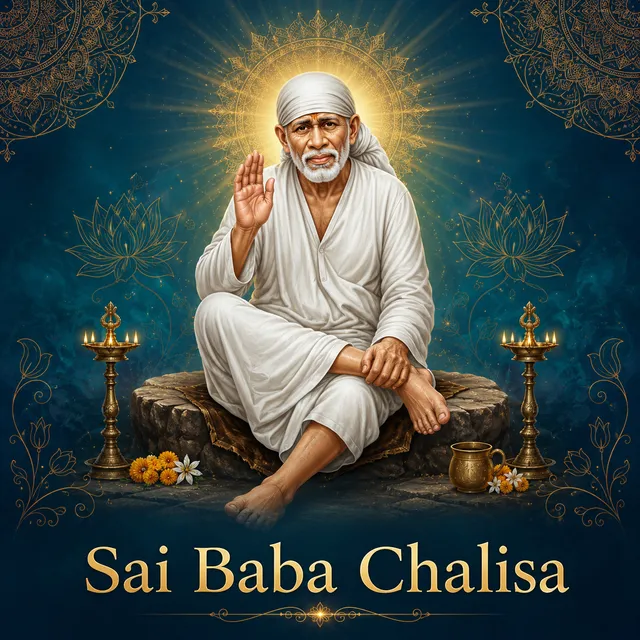 Devotional illustration accompanying Sai Baba Chalisa, framed by a gold mandala halo and ornamental corner border on a deep blue background