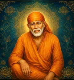 Traditional devotional depiction of Sai Baba seated cross-legged in an orange robe and headwrap, with a white beard, set against a golden halo and a teal background with gold lotus filigree
