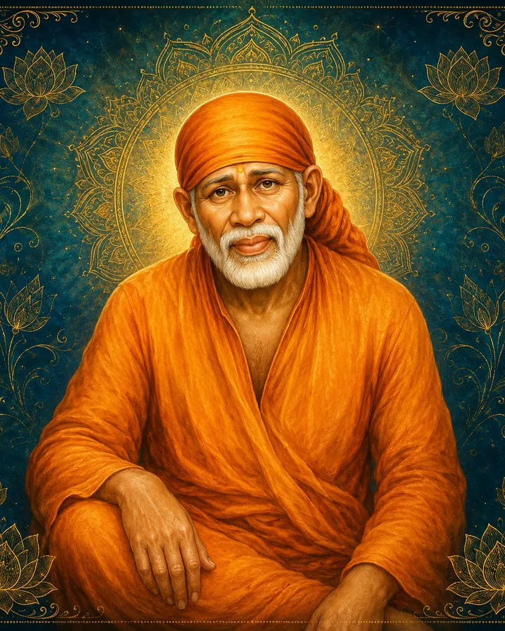 Traditional devotional depiction of Sai Baba seated cross-legged in an orange robe and headwrap, with a white beard, set against a golden halo and a teal background with gold lotus filigree