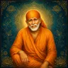 Traditional devotional depiction of Sai Baba seated cross-legged in an orange robe and headwrap, with a white beard, set against a golden halo and a teal background with gold lotus filigree