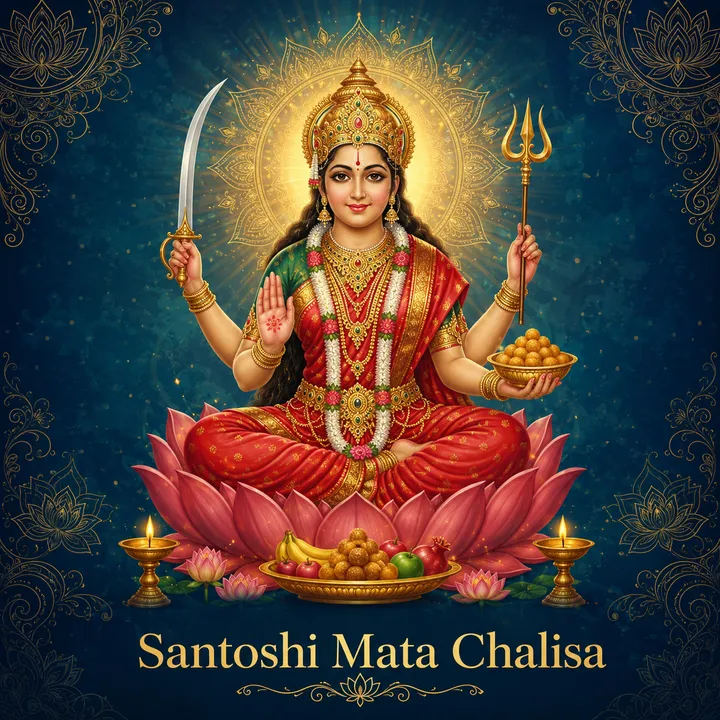 Devotional illustration accompanying Santoshi Mata Chalisa, framed by a gold mandala halo and ornamental corner border on a deep blue background
