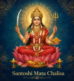 Devotional illustration accompanying Santoshi Mata Chalisa, framed by a gold mandala halo and ornamental corner border on a deep blue background