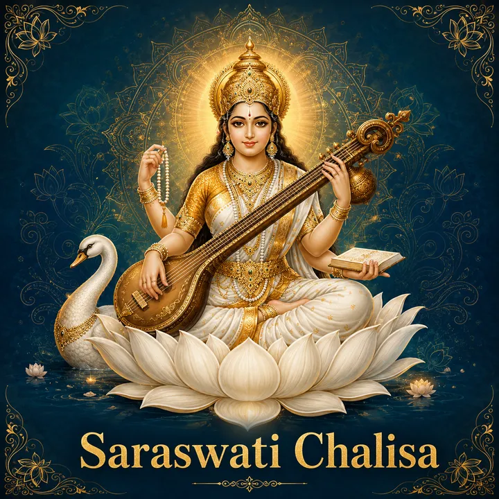 Devotional illustration accompanying Saraswati Chalisa, framed by a gold mandala halo and ornamental corner border on a deep blue background