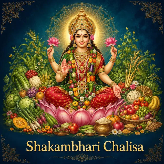 Devotional illustration accompanying Shakambhari Chalisa, framed by a gold mandala halo and ornamental corner border on a deep blue background