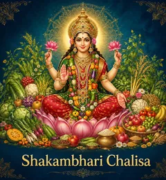 Devotional illustration accompanying Shakambhari Chalisa, framed by a gold mandala halo and ornamental corner border on a deep blue background