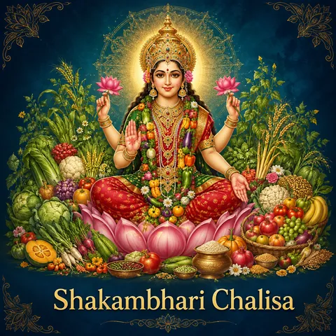 Devotional illustration accompanying Shakambhari Chalisa, framed by a gold mandala halo and ornamental corner border on a deep blue background