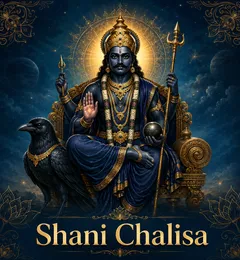 Devotional illustration accompanying Shani Chalisa, framed by a gold mandala halo and ornamental corner border on a deep blue background