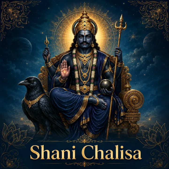 Devotional illustration accompanying Shani Chalisa, framed by a gold mandala halo and ornamental corner border on a deep blue background
