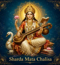 Devotional illustration accompanying Sharda Mata Chalisa, framed by a gold mandala halo and ornamental corner border on a deep blue background