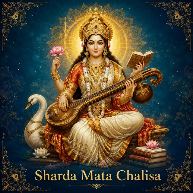 Devotional illustration accompanying Sharda Mata Chalisa, framed by a gold mandala halo and ornamental corner border on a deep blue background