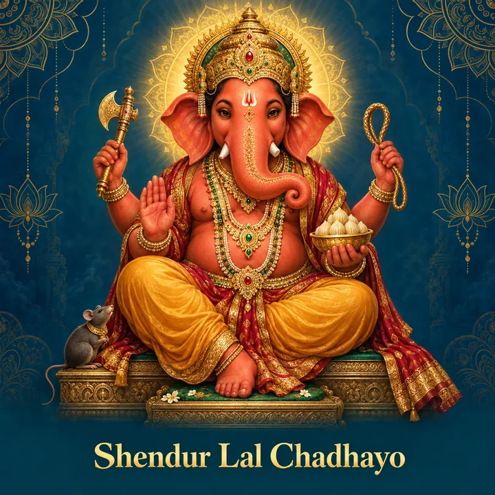 Devotional illustration accompanying Shendur Lal Chadhayo