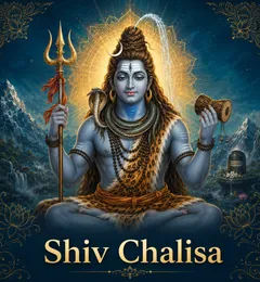 Devotional illustration accompanying Shiv Chalisa, framed by a gold mandala halo and ornamental corner border on a deep blue background