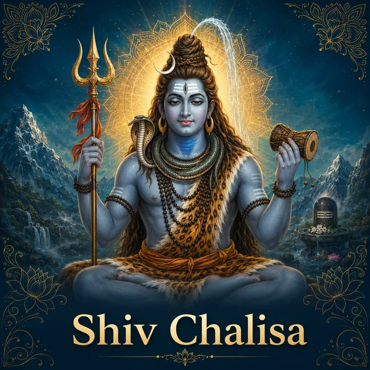 Devotional illustration accompanying Shiv Chalisa, framed by a gold mandala halo and ornamental corner border on a deep blue background