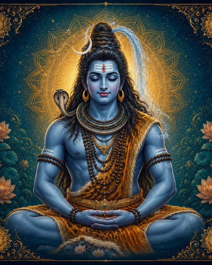 Traditional devotional depiction of Shiva in meditation, with a crescent moon and the Ganga in his matted hair, a serpent around his neck, and Nandi the bull nearby