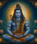 Traditional devotional depiction of Shiva in meditation, with a crescent moon and the Ganga in his matted hair, a serpent around his neck, and Nandi the bull nearby