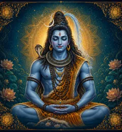 Traditional devotional depiction of Shiva in meditation, with a crescent moon and the Ganga in his matted hair, a serpent around his neck, and Nandi the bull nearby