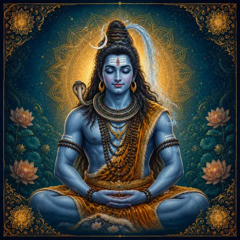 Traditional devotional depiction of Shiva in meditation, with a crescent moon and the Ganga in his matted hair, a serpent around his neck, and Nandi the bull nearby