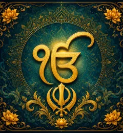 The Ik Onkar symbol (ੴ) rendered in gold above a Khanda, the Sikh emblem, set against a teal and gold filigree background