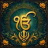 The Ik Onkar symbol (ੴ) rendered in gold above a Khanda, the Sikh emblem, set against a teal and gold filigree background