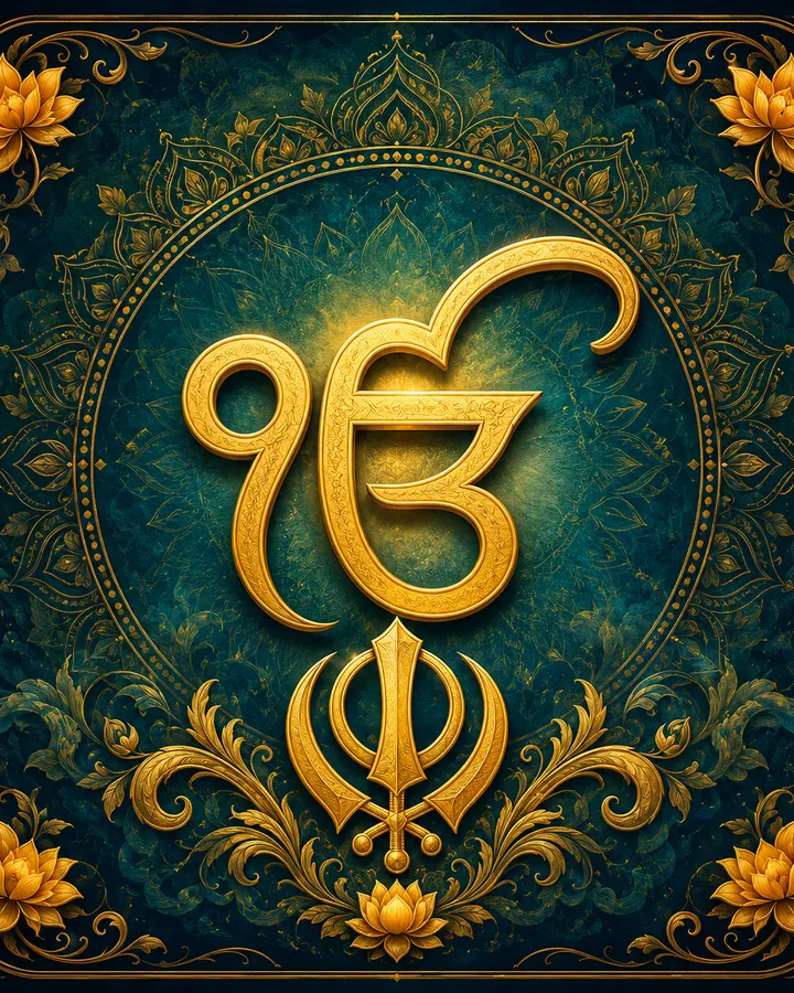 The Ik Onkar symbol (ੴ) rendered in gold above a Khanda, the Sikh emblem, set against a teal and gold filigree background