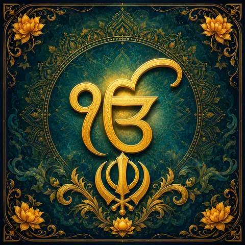 The Ik Onkar symbol (ੴ) rendered in gold above a Khanda, the Sikh emblem, set against a teal and gold filigree background