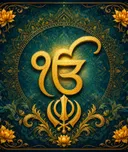 The Ik Onkar symbol (ੴ) rendered in gold above a Khanda, the Sikh emblem, set against a teal and gold filigree background