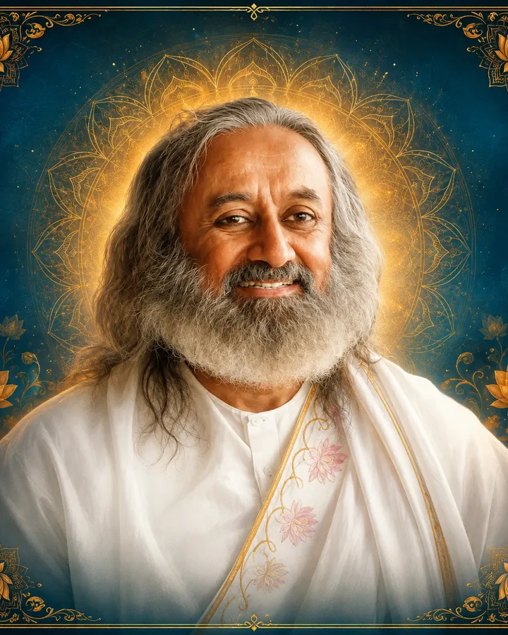 Traditional devotional depiction of Sri Sri Ravi Shankar smiling, with long grey hair and a beard, wearing white robes with a pale gold lotus-embroidered shawl, set against a golden mandala halo