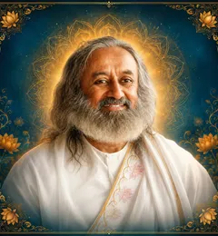 Traditional devotional depiction of Sri Sri Ravi Shankar smiling, with long grey hair and a beard, wearing white robes with a pale gold lotus-embroidered shawl, set against a golden mandala halo