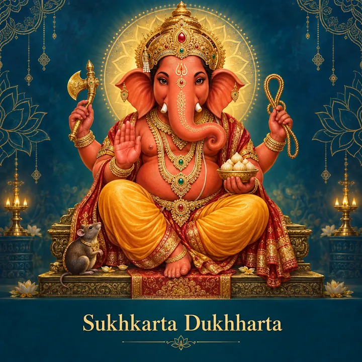 Devotional illustration accompanying Sukhkarta Dukhharta