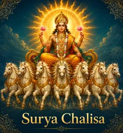 Devotional illustration accompanying Surya Chalisa, framed by a gold mandala halo and ornamental corner border on a deep blue background