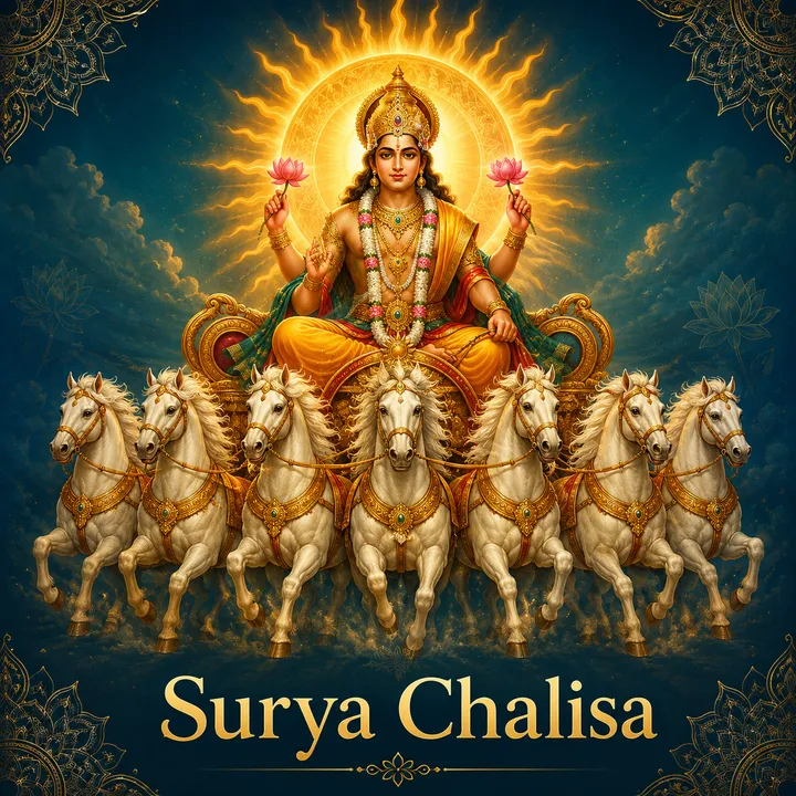 Devotional illustration accompanying Surya Chalisa, framed by a gold mandala halo and ornamental corner border on a deep blue background