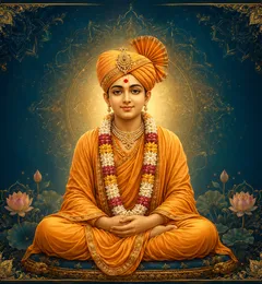 Traditional devotional depiction of Swaminarayan as a young ascetic, wearing a saffron turban and robes with a jeweled ornament and pearl earrings, garlanded with flowers, seated cross-legged with hands folded in his lap against a golden mandala background