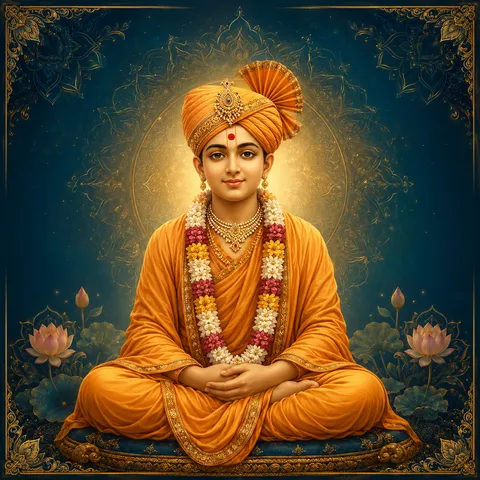 Traditional devotional depiction of Swaminarayan as a young ascetic, wearing a saffron turban and robes with a jeweled ornament and pearl earrings, garlanded with flowers, seated cross-legged with hands folded in his lap against a golden mandala background