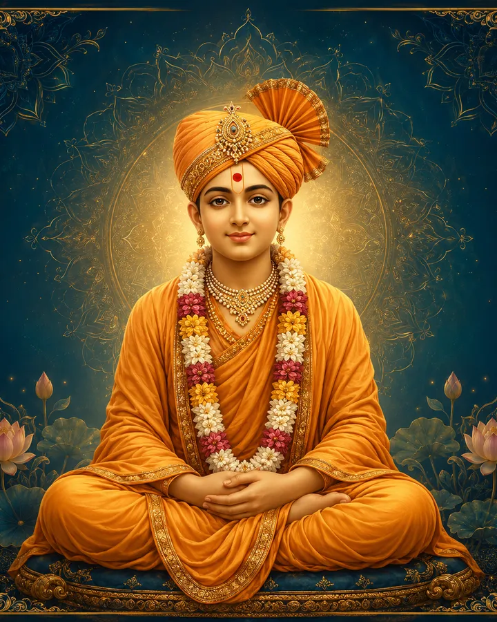 Traditional devotional depiction of Swaminarayan as a young ascetic, wearing a saffron turban and robes with a jeweled ornament and pearl earrings, garlanded with flowers, seated cross-legged with hands folded in his lap against a golden mandala background