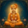 Traditional devotional depiction of Swaminarayan as a young ascetic, wearing a saffron turban and robes with a jeweled ornament and pearl earrings, garlanded with flowers, seated cross-legged with hands folded in his lap against a golden mandala background