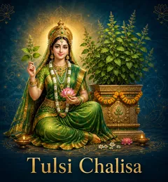 Devotional illustration accompanying Tulsi Chalisa, framed by a gold mandala halo and ornamental corner border on a deep blue background