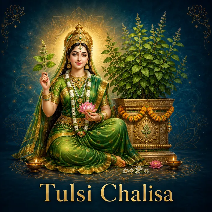 Devotional illustration accompanying Tulsi Chalisa, framed by a gold mandala halo and ornamental corner border on a deep blue background